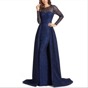 Mac Duggal 12356 Long Sleeve Lace Over Skirt Gown Navy 8 NWT